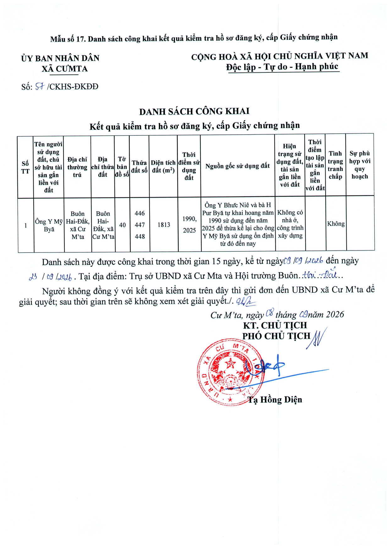 THÔNG BÁO: Về việc công khai kết quả kiểm tra hồ sơ đăng ký, cấp Giấy chứng nhận quyền sử dụng đất