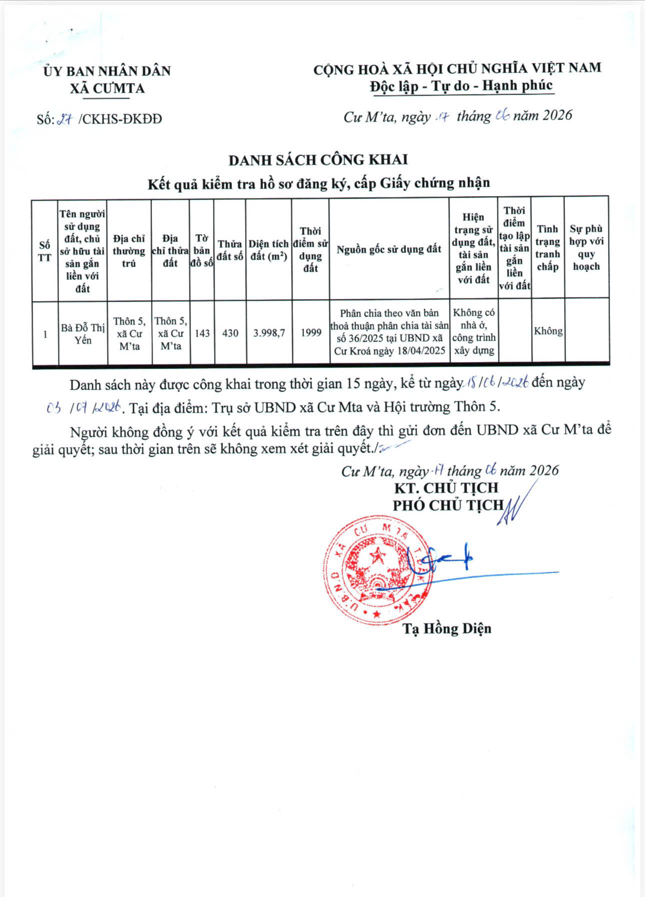 THÔNG BÁO CÔNG KHAI KẾT QUẢ KIỂM TRA HỒ SƠ ĐĂNG KÝ CẤP GIẤY CHỨNG NHẬN QUYỀN SỬ DỤNG ĐẤT
