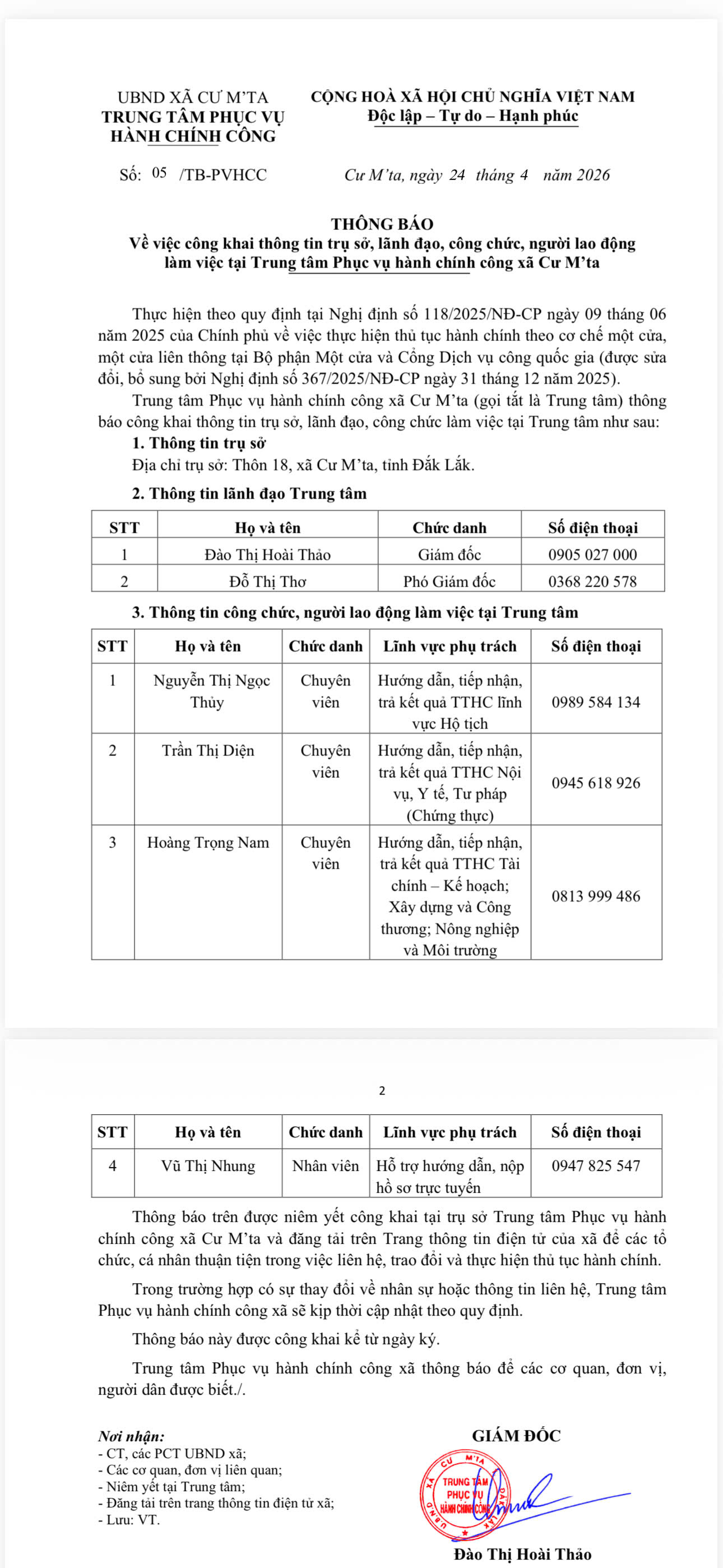 Trung tâm Phục vụ hành chính công xã Cư M’ta công khai thông tin liên hệ phục vụ Nhân dân